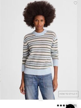 Madewell Light Blue and Cream Striped Crewneck Sweater